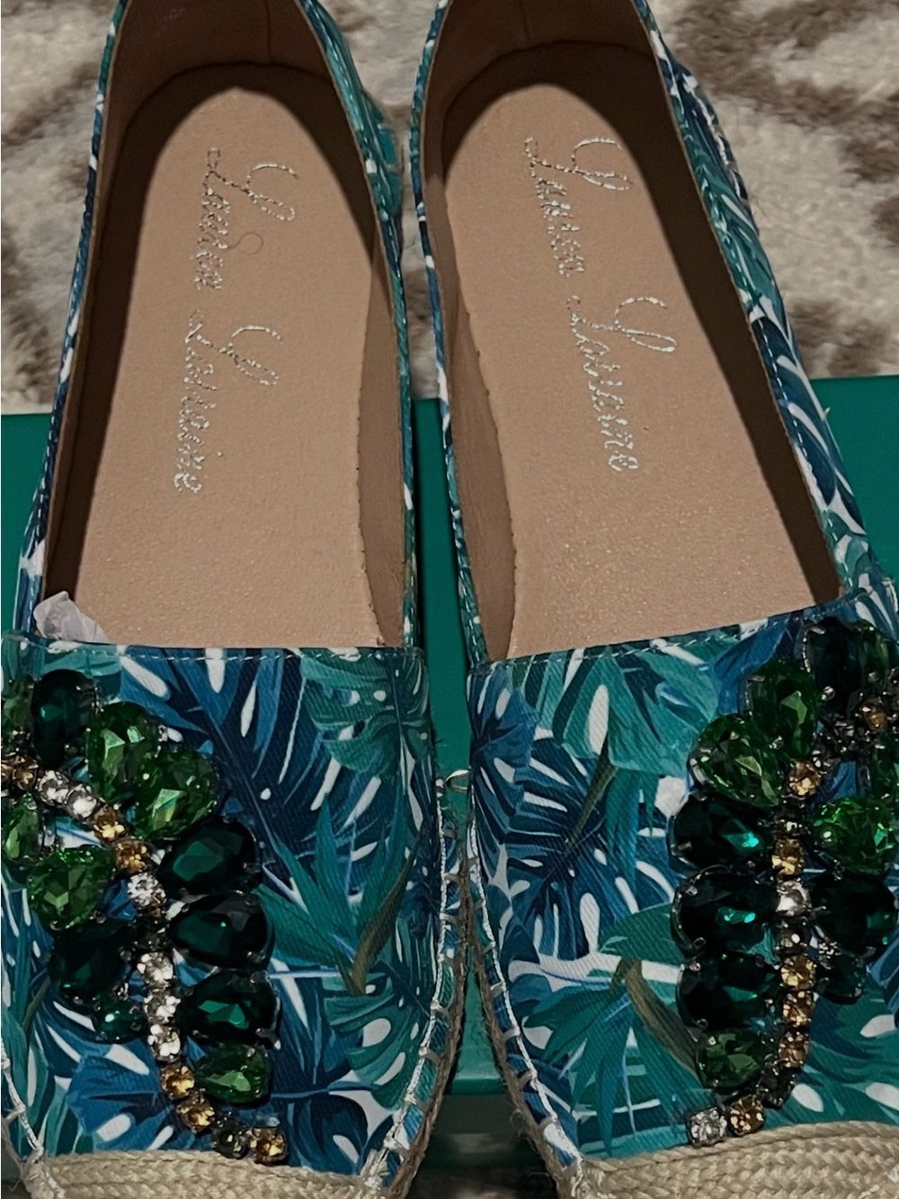 Lauren Lorraine Teal Leaf Jeweled Espadrille Flats
